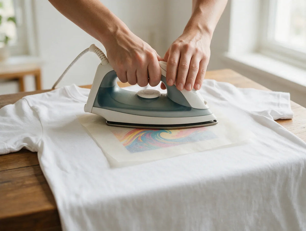 Hands pressing a household iron over parchment paper on a DTF transfer on a white t-shirt