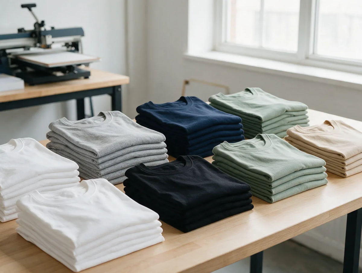Stacks of folded blank t-shirts in assorted colors on a wooden table in a print studio