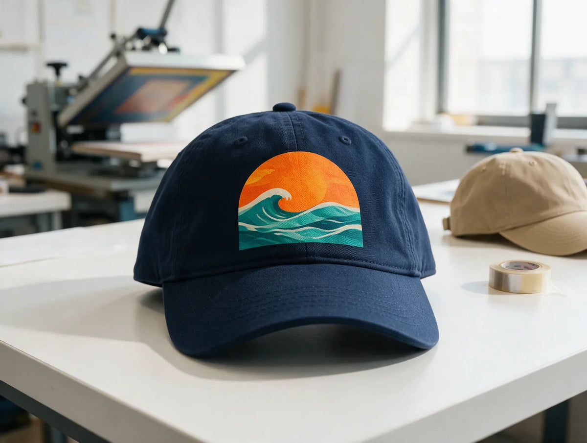 Navy unstructured cap with a full-color sun and wave print on the front panel