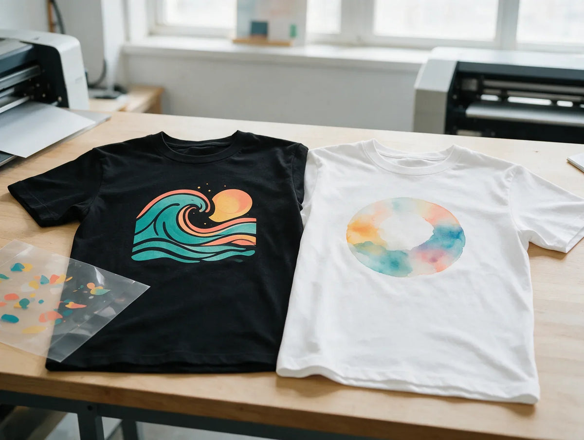 Black and white t-shirts with colorful abstract prints beside a sheet of DTF transfer film