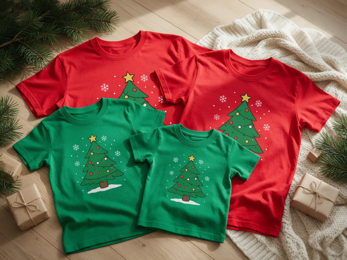 Matching red and green family Christmas shirts in adult, kid and toddler sizes