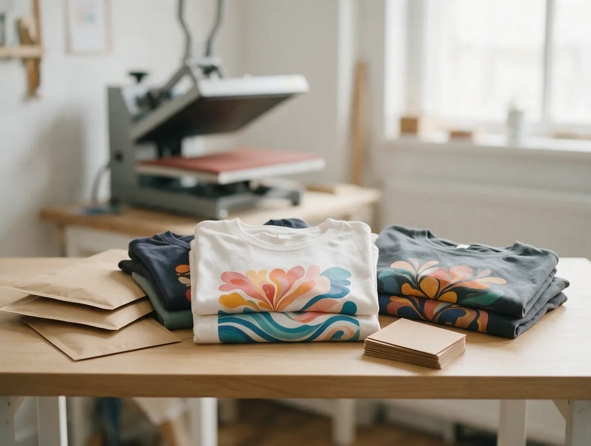 Folded DTF-printed t-shirts beside plain kraft mailers and blank cards on a home studio table