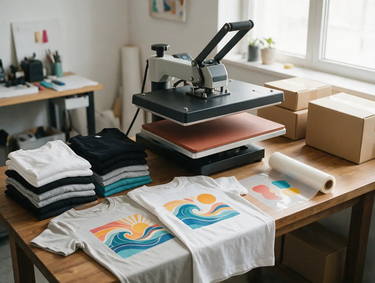 Heat press, stacks of blank t-shirts and colorful DTF-printed shirts in a small home print studio
