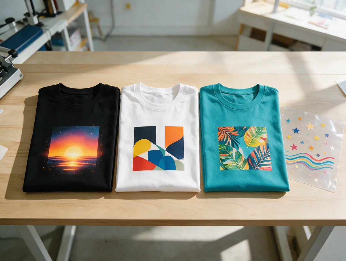Folded t-shirts with vivid abstract DTF prints beside colorful transfer film on a table