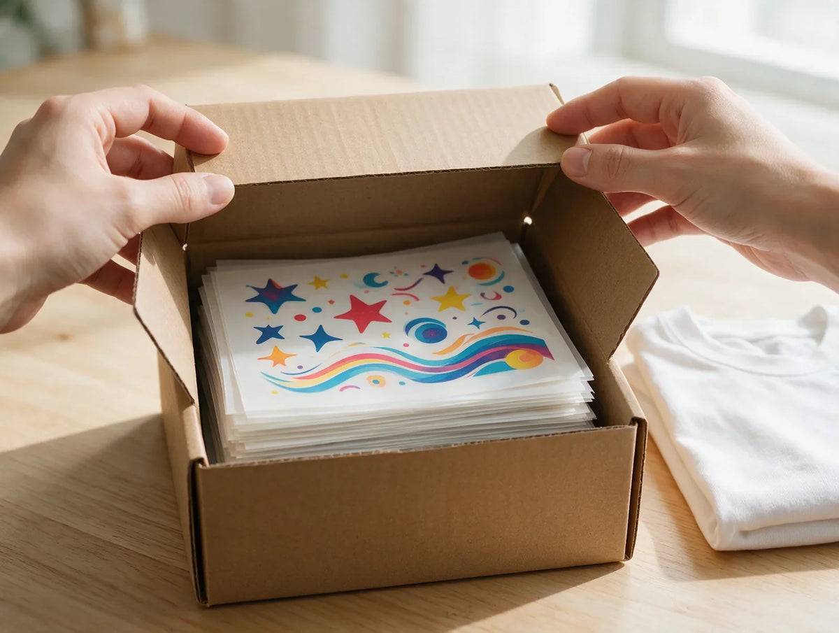 Hands opening a plain shipping box with colorful DTF transfer sheets inside