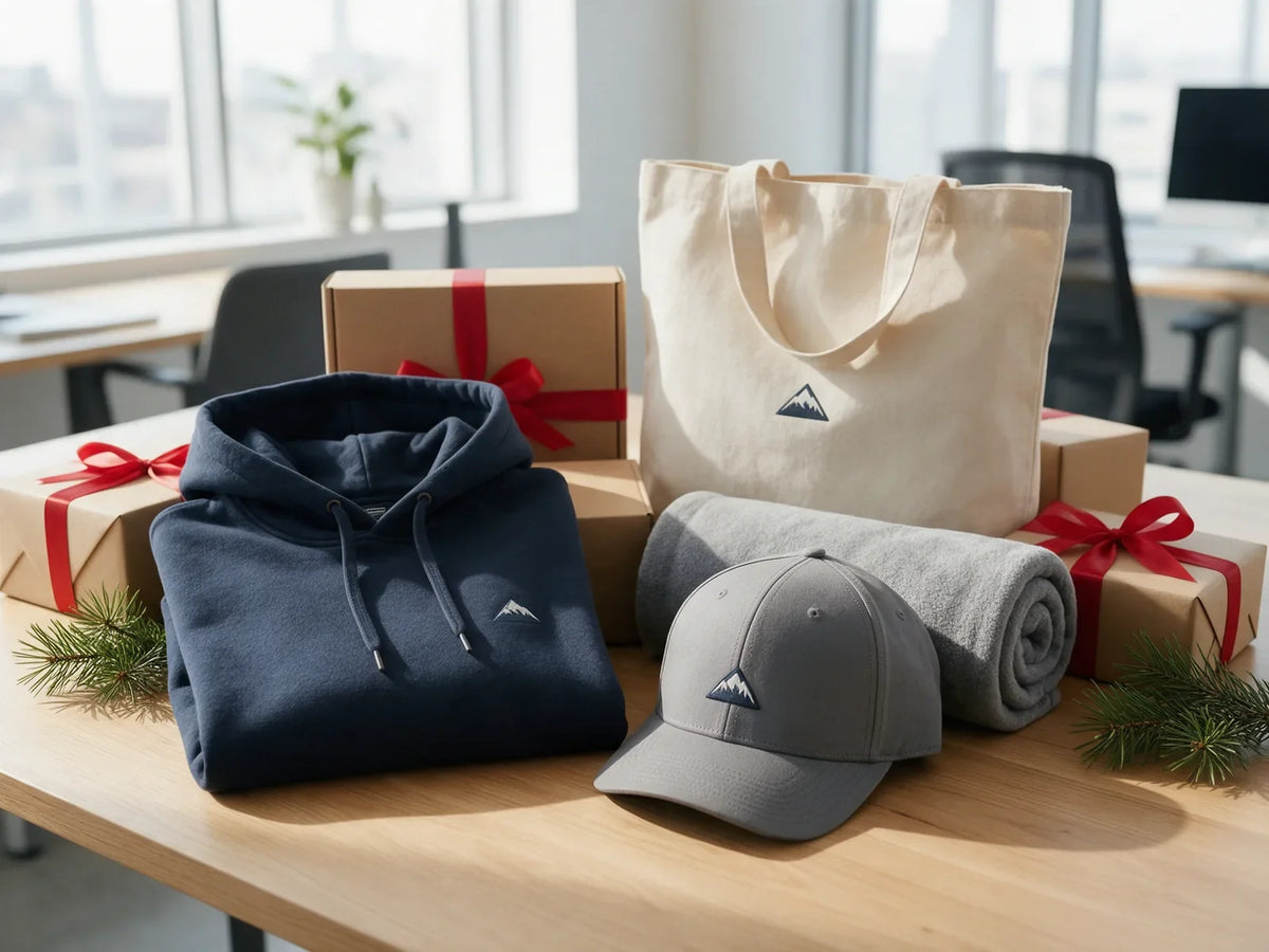 Employee holiday gift set with a navy hoodie, embroidered cap, canvas tote and rolled blanket