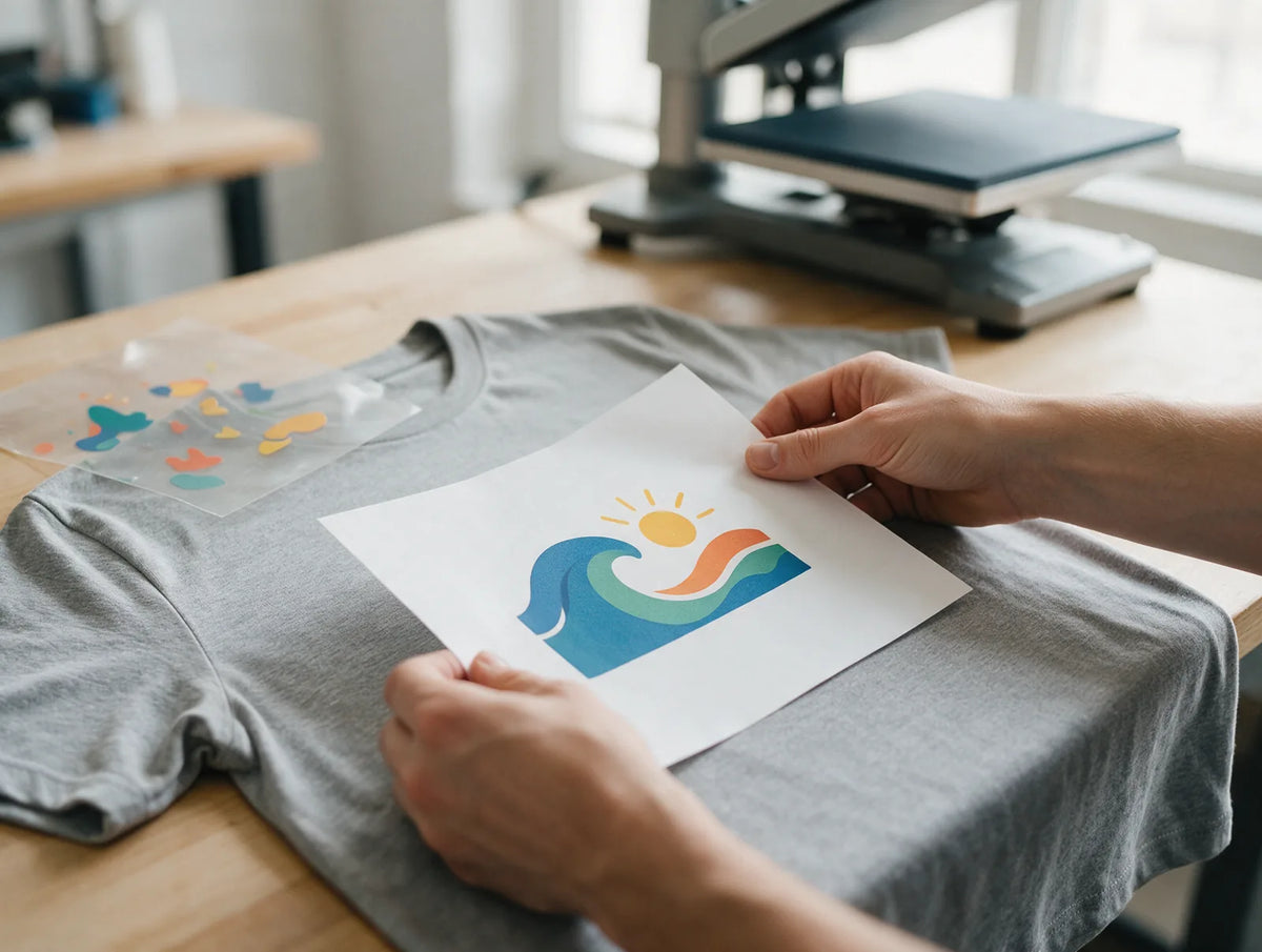 Hands holding a paper test print against a blank t-shirt to check the design size and placement