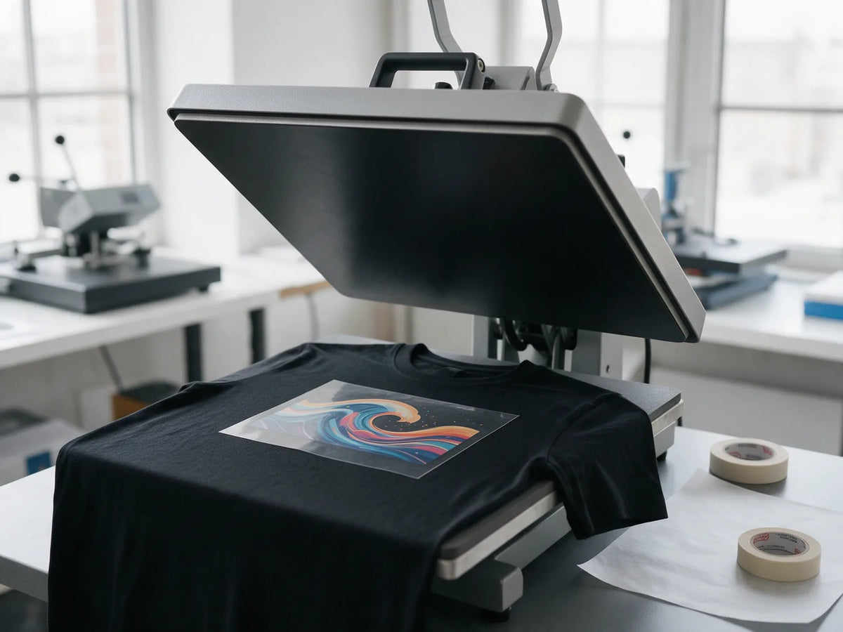 Heat press with a DTF transfer placed on a black t-shirt, ready to press