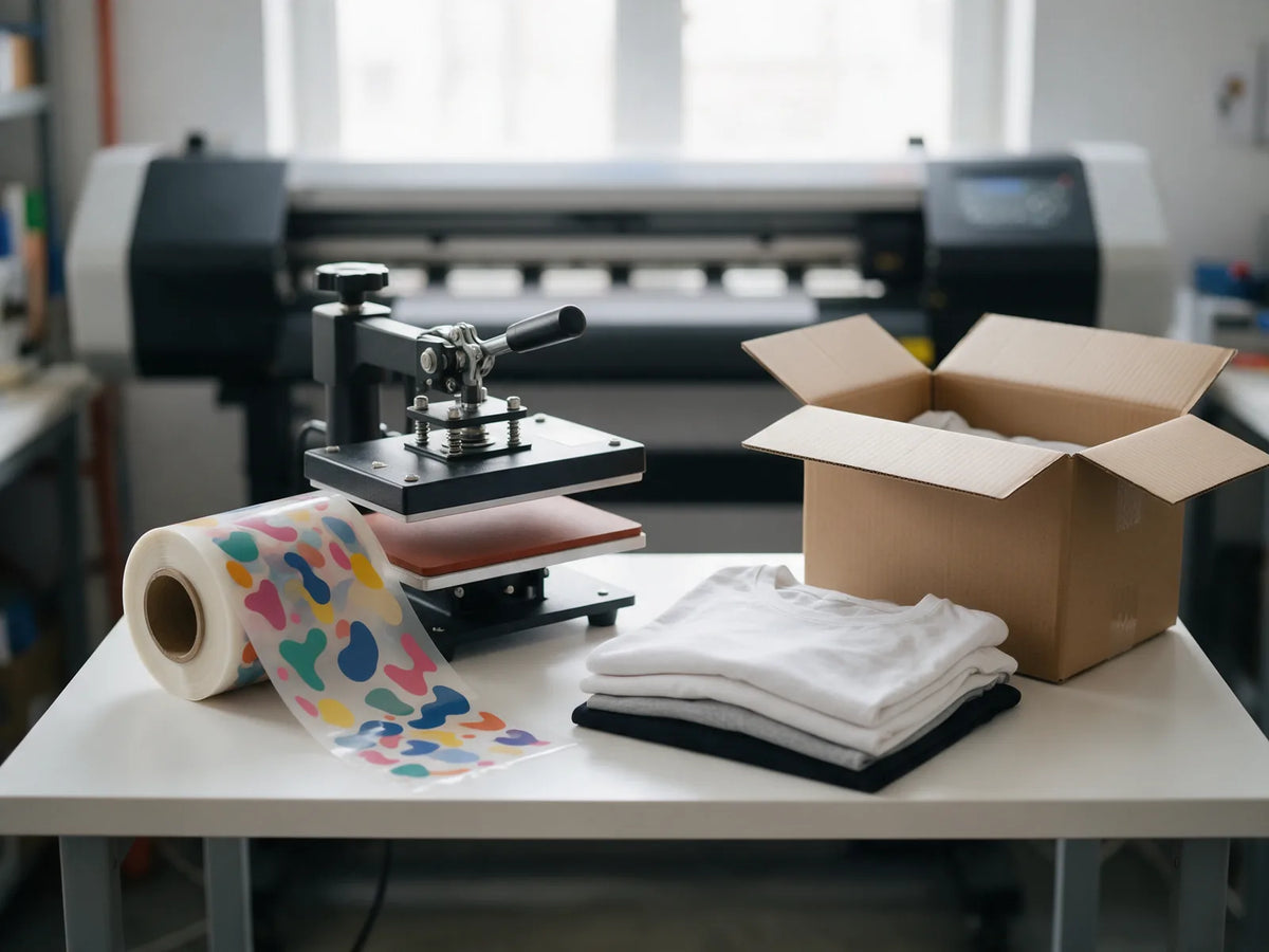 DTF transfer film roll beside a heat press, folded shirts and a shipping box in a print studio