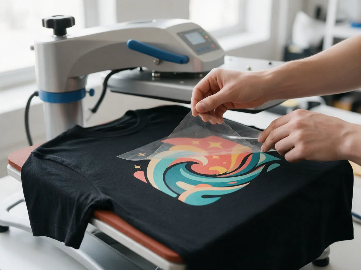Hands peeling a cooled DTF transfer film from a black t-shirt on a heat press