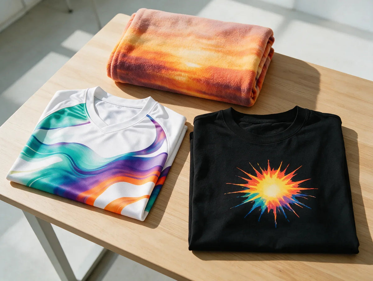 All-over printed white jersey, black t-shirt with a chest print and a gradient fleece blanket