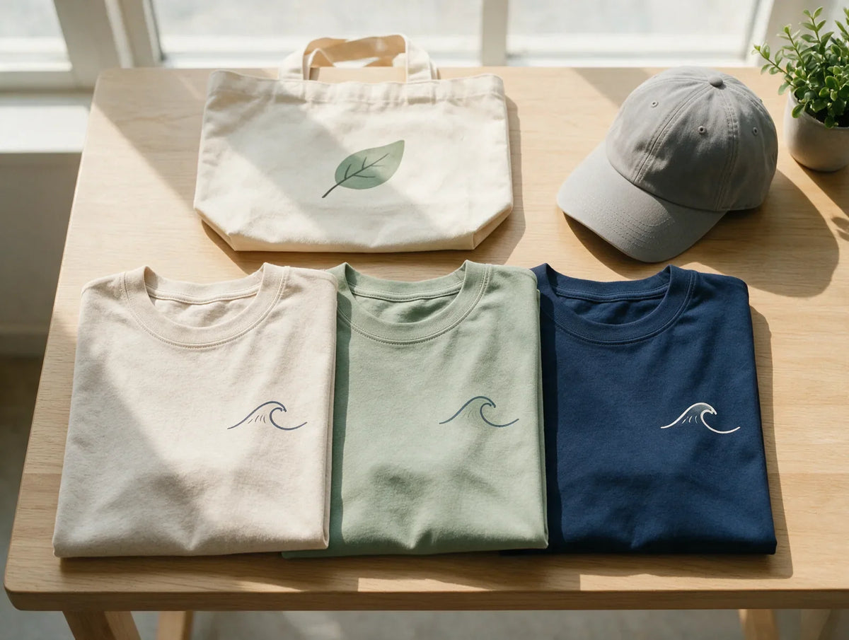 Folded t-shirts with simple wave prints, a canvas tote and a cap on a wooden table