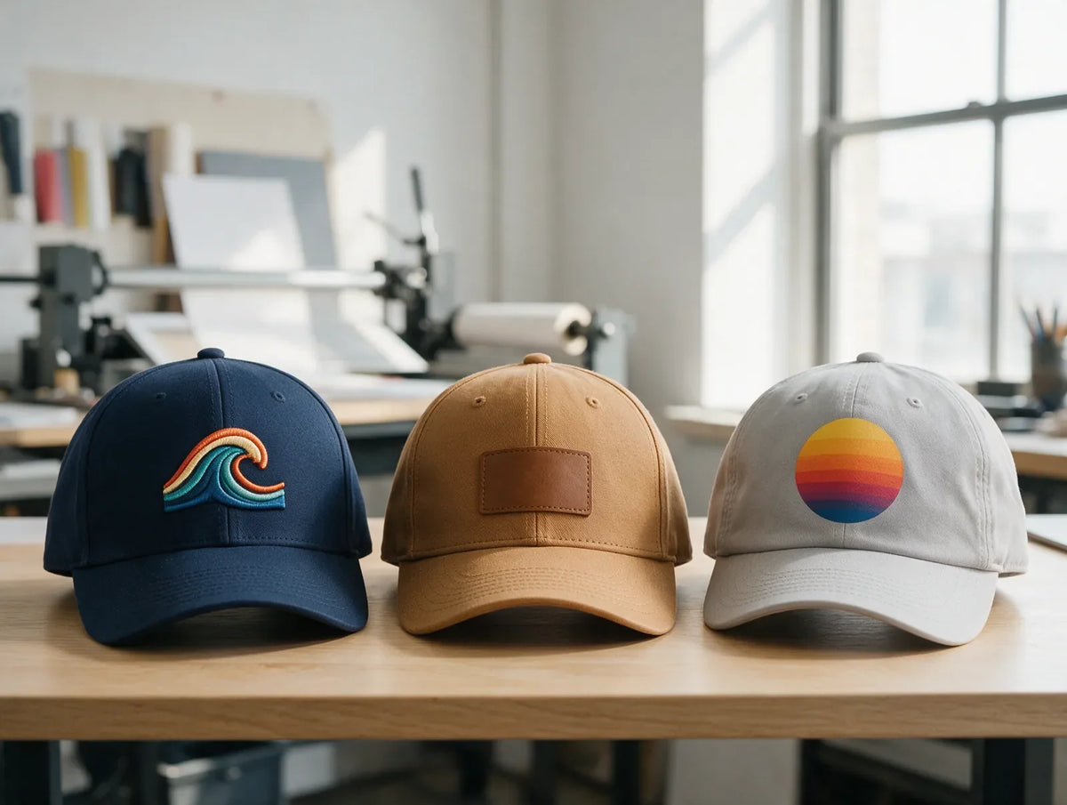 Embroidered cap, faux-leather patch cap and printed cap side by side on a wooden table