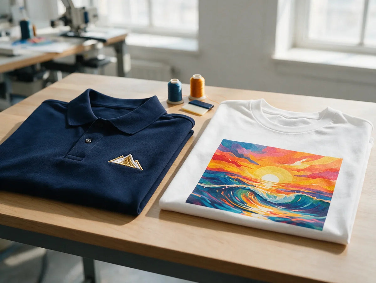 Navy polo with an embroidered mountain icon beside a white tee with a full-color printed design