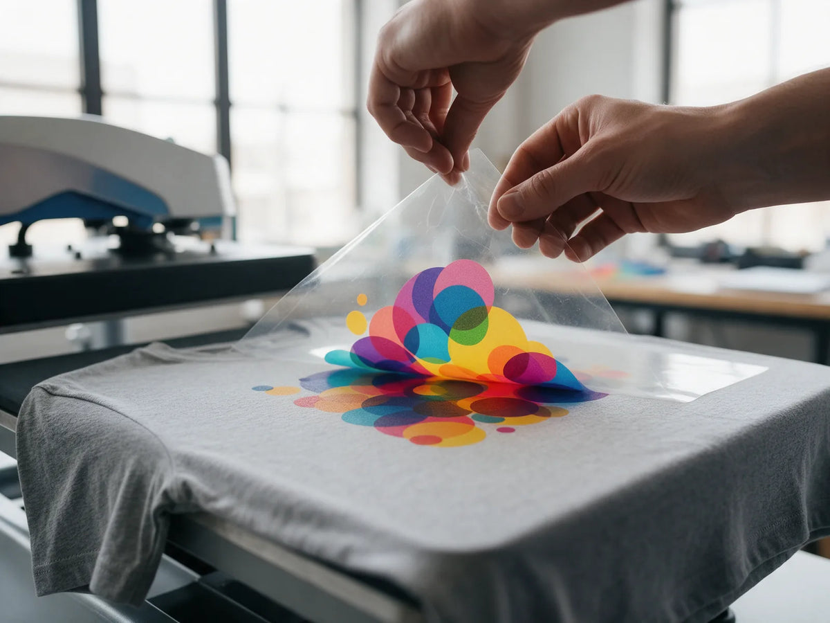 Hands peeling a cooled DTF transfer film from a gray t-shirt
