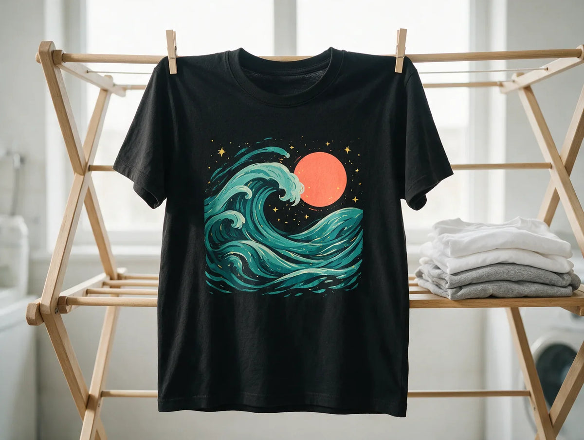 Black t-shirt with a bright abstract print air drying on a wooden rack by a window