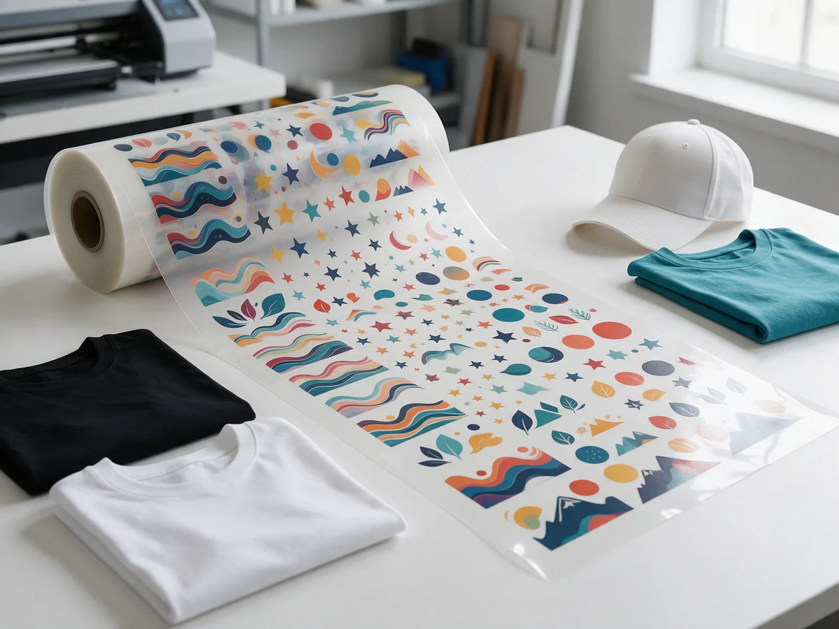 Long DTF gang sheet packed with colorful designs next to blank t-shirts and a cap