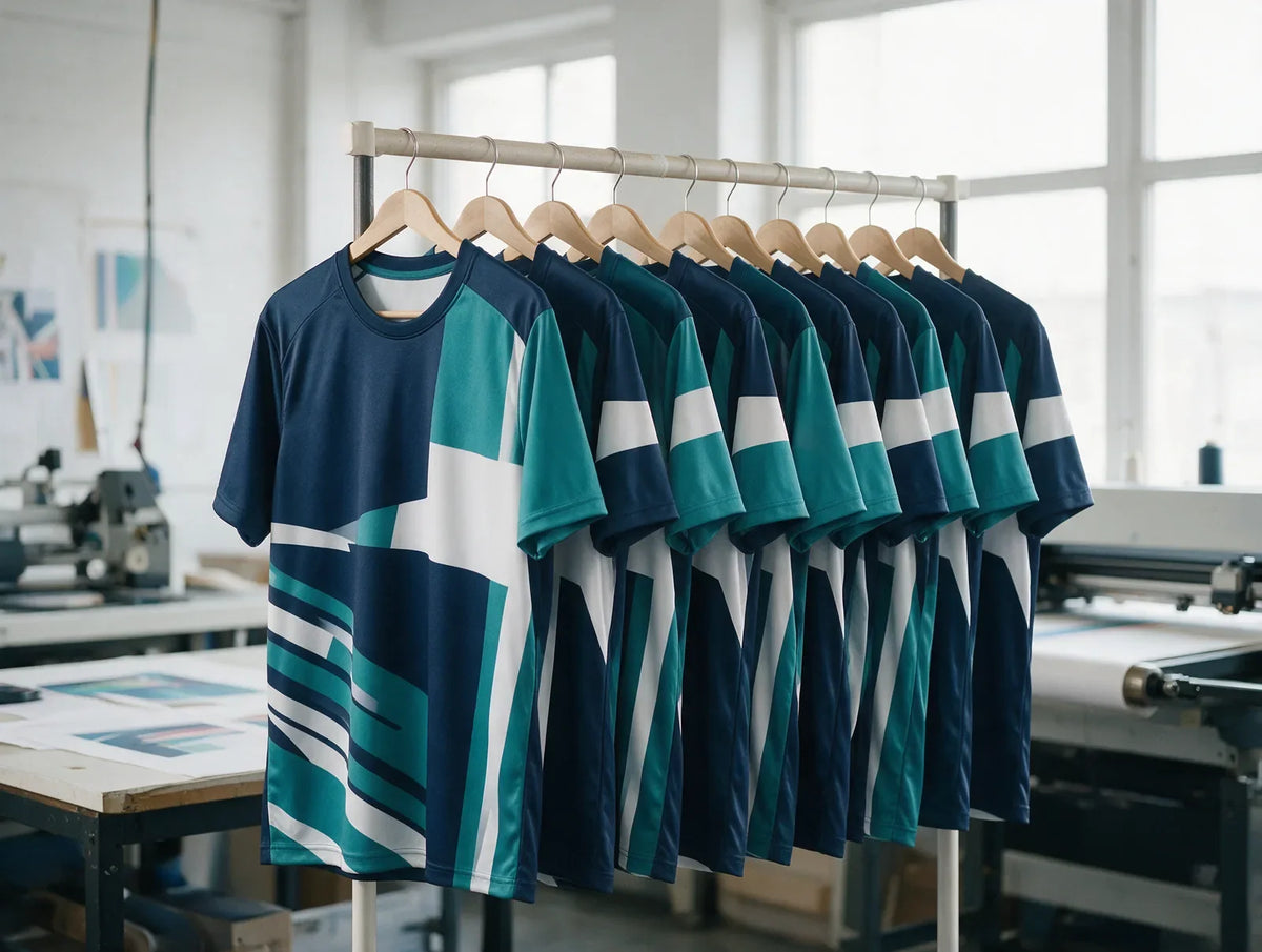 Rack of matching team jerseys in navy, teal and white color-block designs
