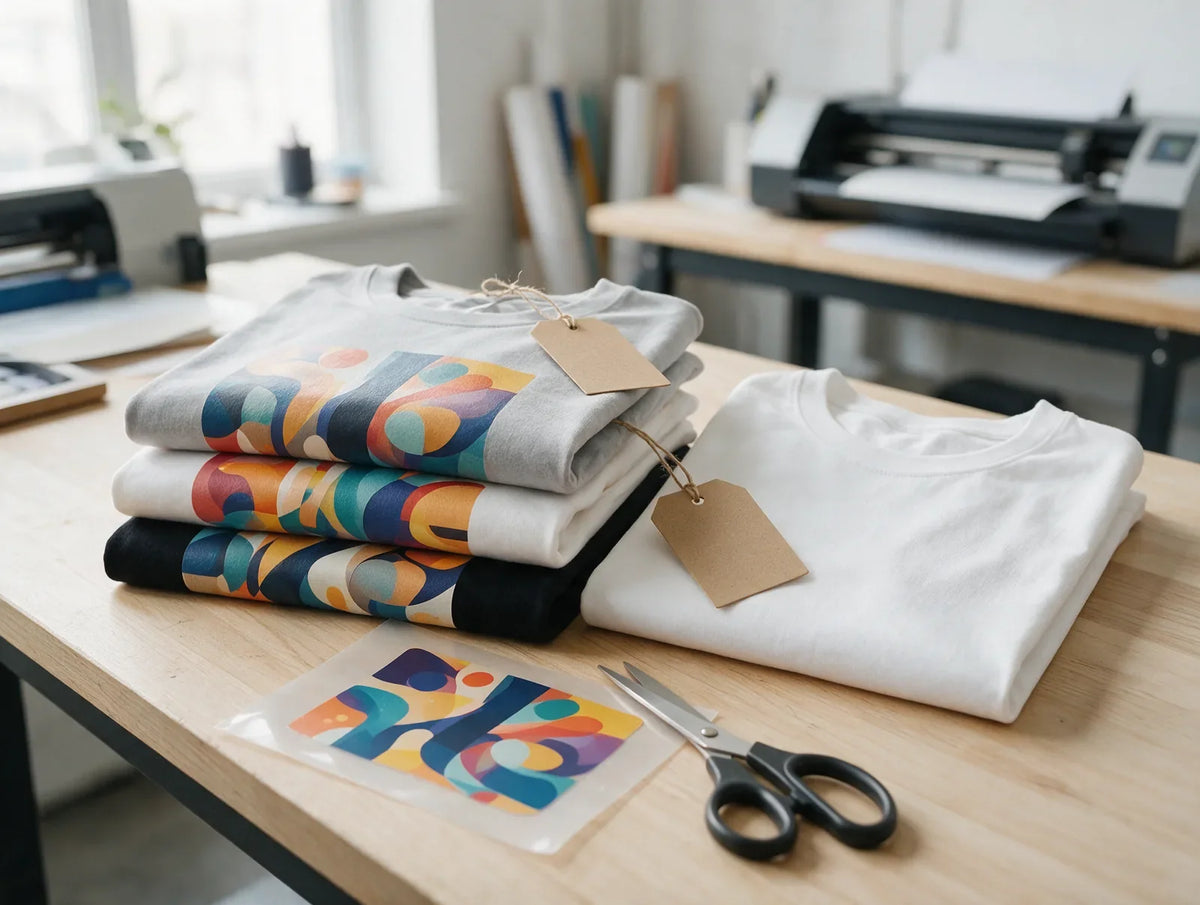 Folded DTF-printed t-shirts with blank kraft hang tags beside a cut transfer on a worktable