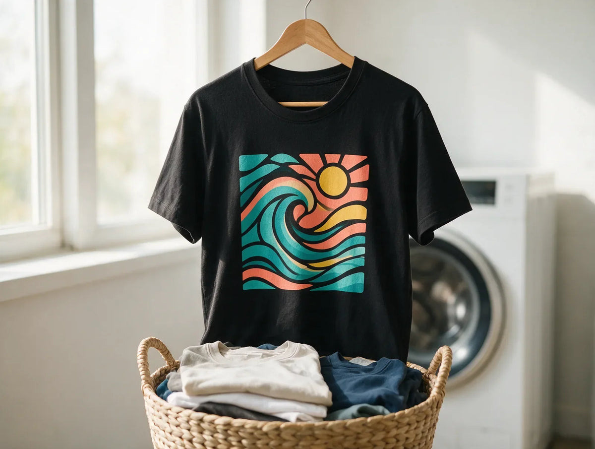 T-shirt with a colorful print hanging to air dry beside a sunny laundry room window