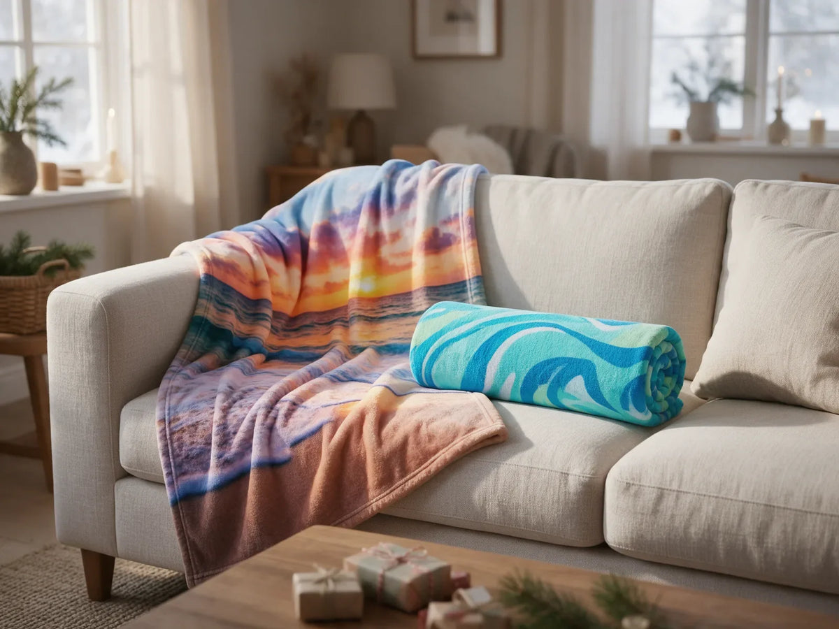 Photo-printed throw blanket and rolled beach towel with wrapped holiday gifts in a living room