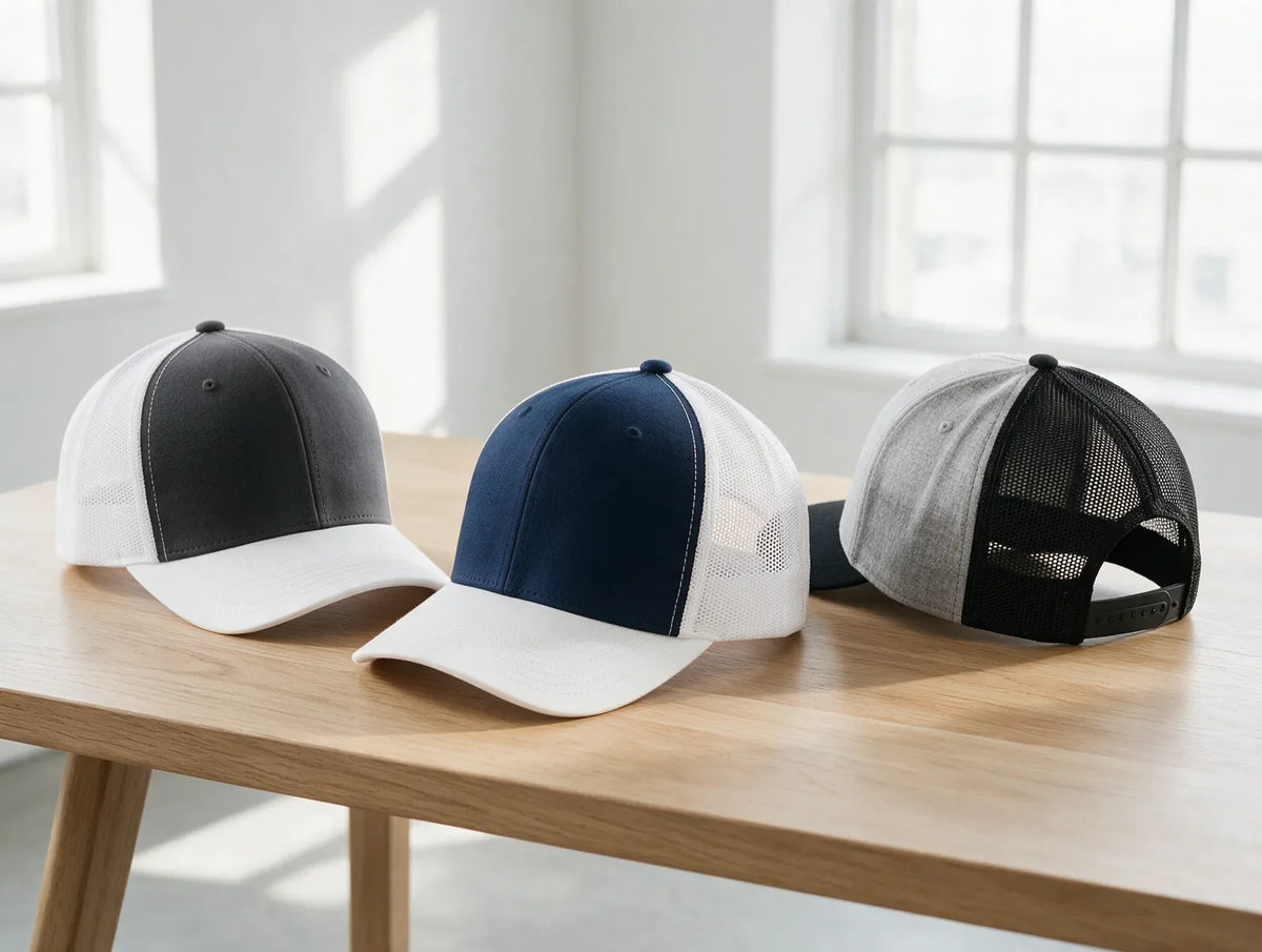 Three blank two-tone trucker caps with structured fronts and mesh backs on a wooden table