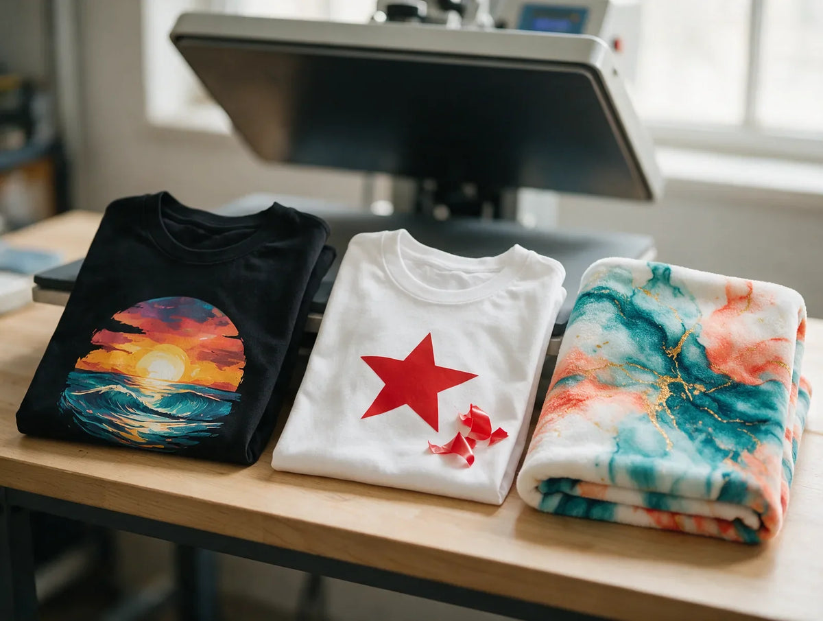 Black tee with a full-color print, white tee with a vinyl star and a sublimated blanket side by side