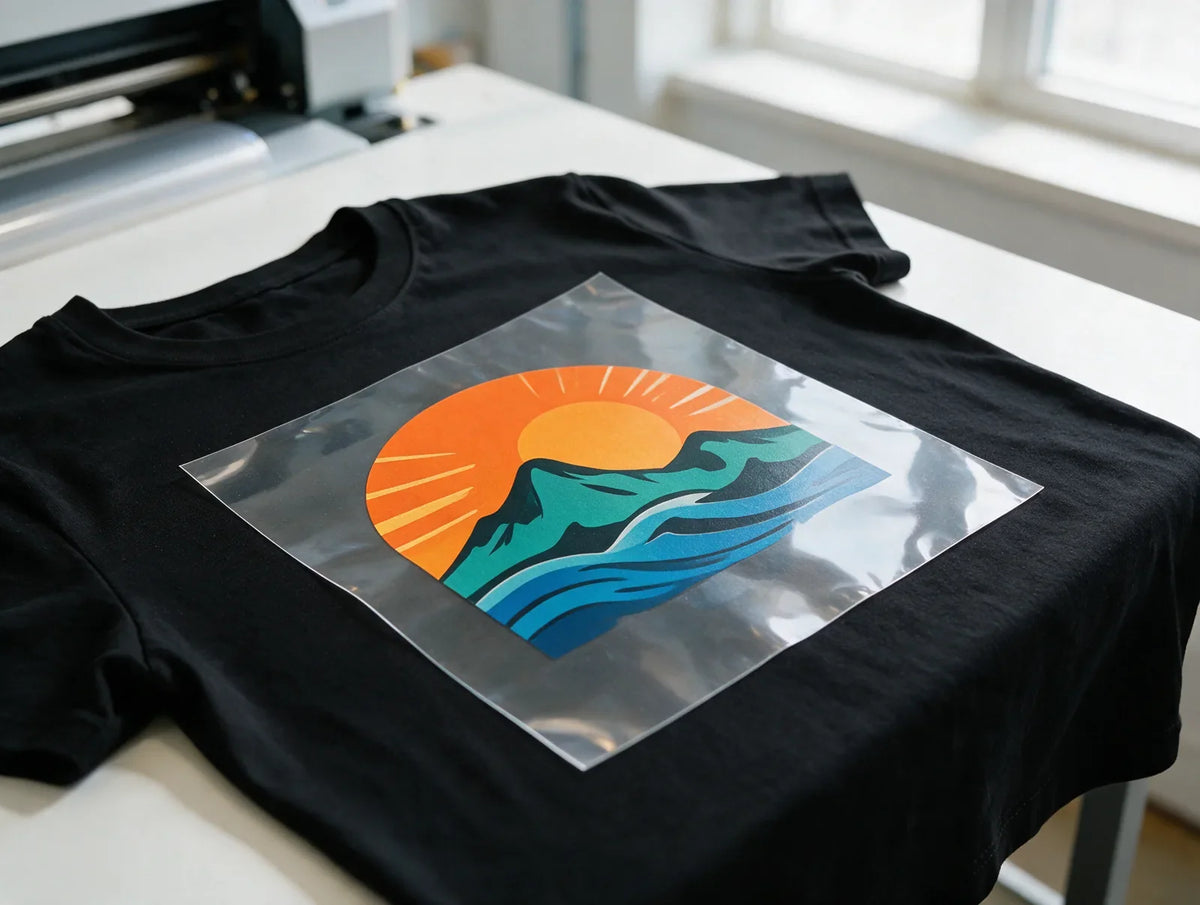 Clear DTF transfer film with a colorful sun and mountain design laid over a black t-shirt