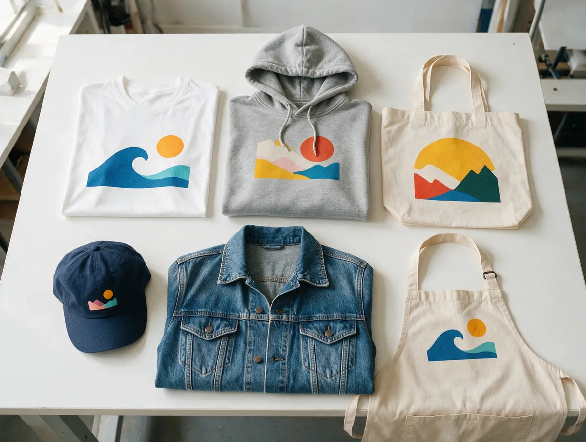 Flat lay of a t-shirt, hoodie, canvas tote, cap, denim jacket and apron with colorful DTF prints