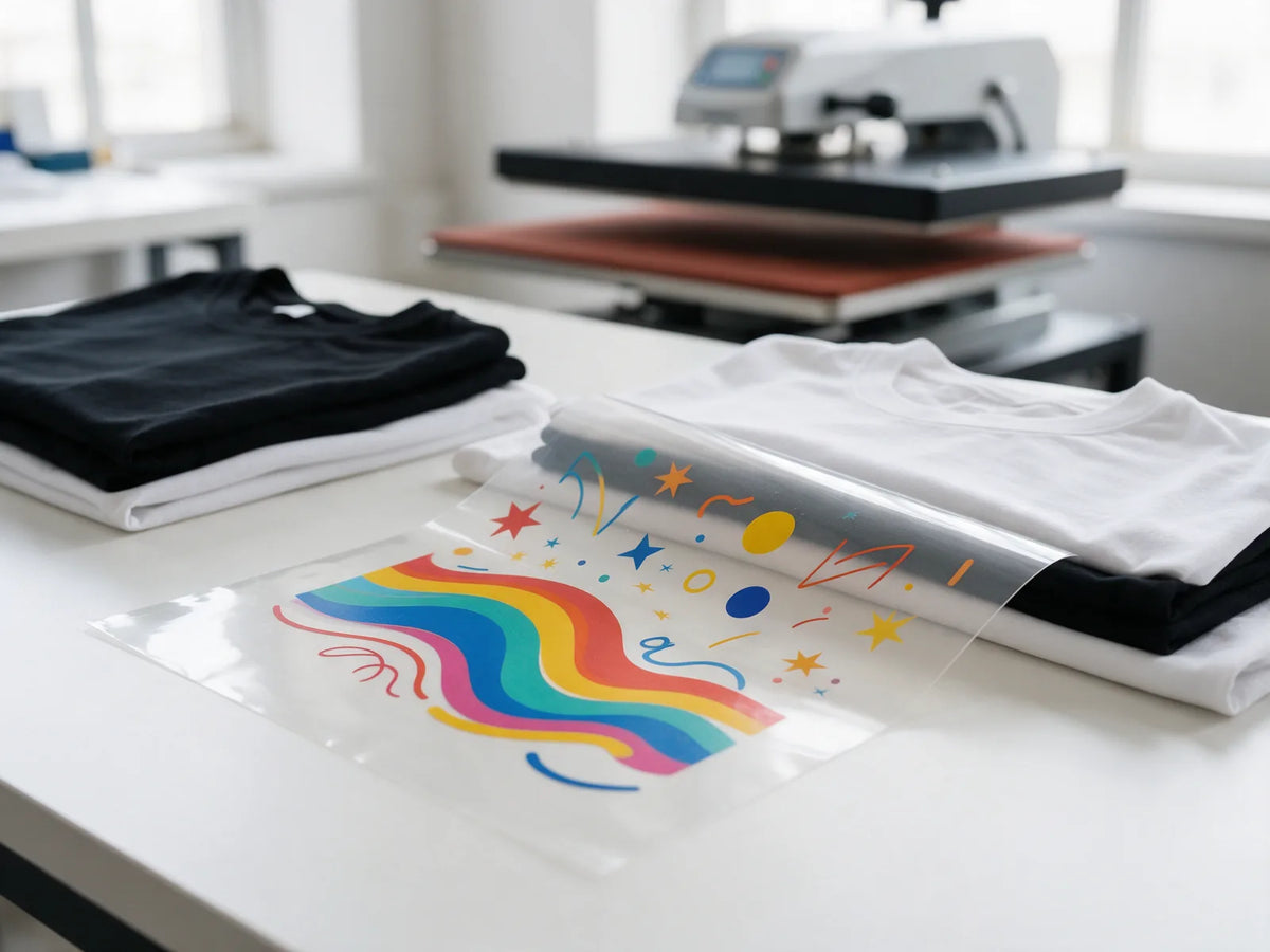 Clear DTF transfer film with colorful designs beside folded blank t-shirts