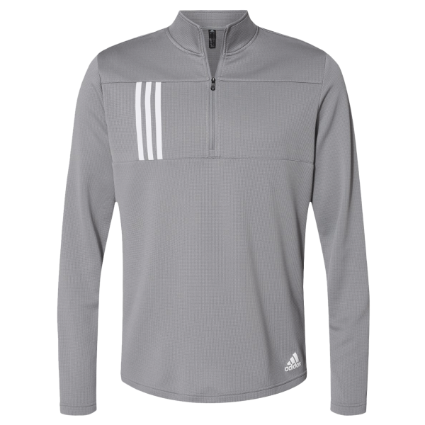 Adidas Men's 3-Stripes Double-Knit Quarter-Zip Pullover, Grey Three / White, Front view
