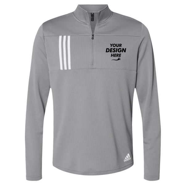 Adidas Men's 3-Stripes Double-Knit Quarter-Zip Pullover, Grey Three / White, Front view, Mockup