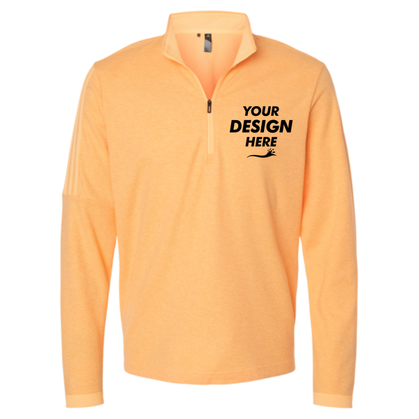 Adidas Men's 3-Stripes Quarter-Zip Sweater Pullover, Acid Orange Melange, Front view, Mockup