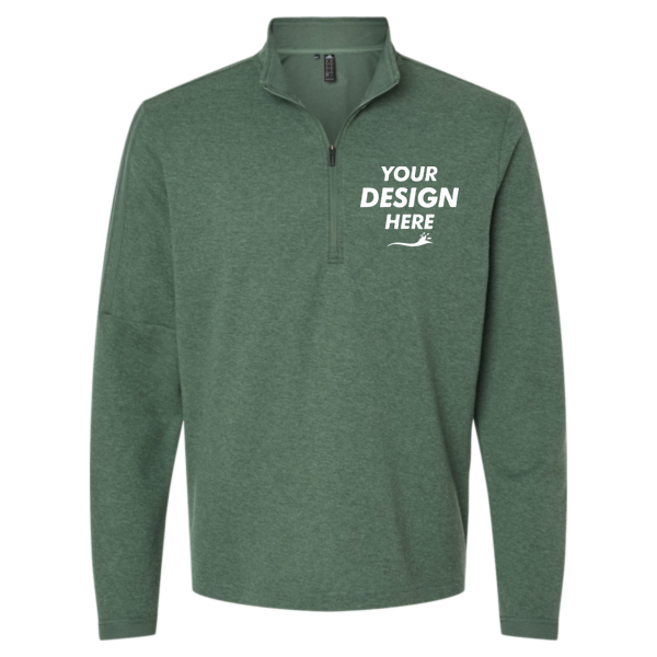 Adidas Men's 3-Stripes Quarter-Zip Sweater Pullover, Green Oxide Melange, Front view, Mockup
