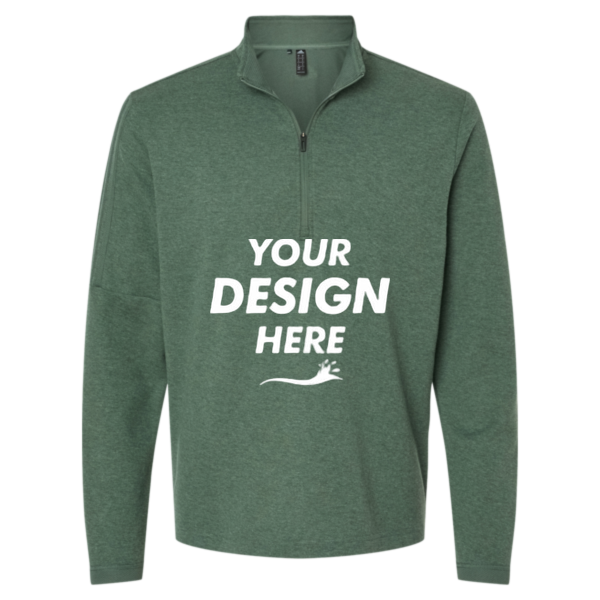 Adidas Men's 3-Stripes Quarter-Zip Sweater Pullover, Green Oxide Melange, Front view, Mockup