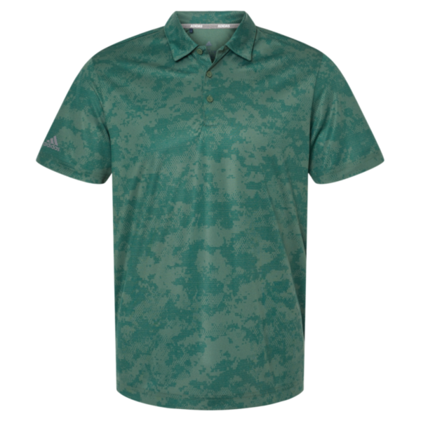 Adidas Men's All Over Camo Print Polo, Green Oxide, Front view