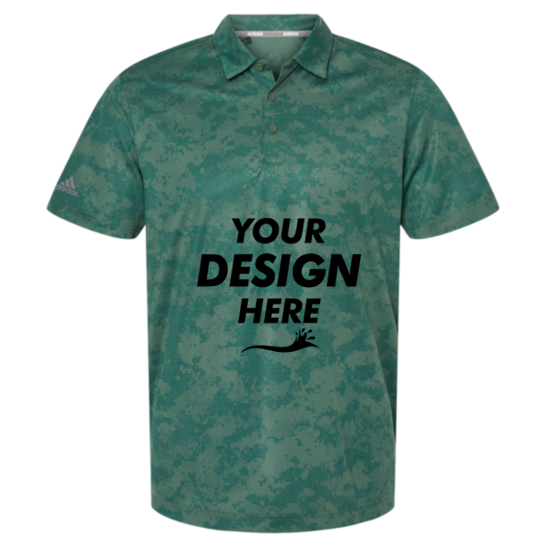 Adidas Men's All Over Camo Print Polo, Green Oxide, Front view, Mockup