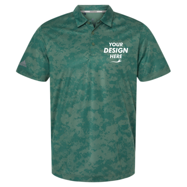 Adidas Men's All Over Camo Print Polo, Green Oxide, Front view, Mockup