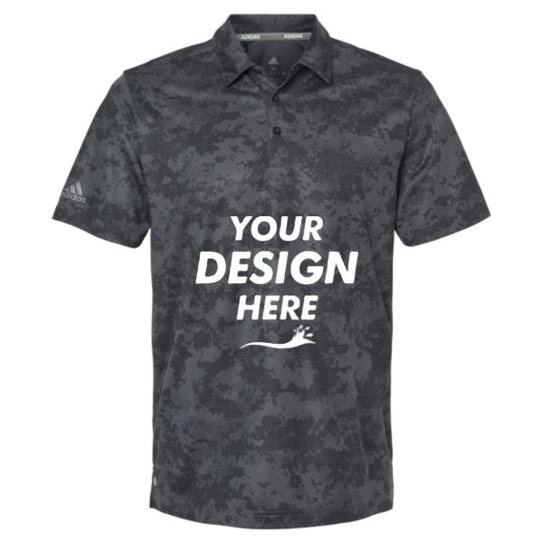 Adidas Men's All Over Camo Print Polo, Grey Six, Front view, Mockup
