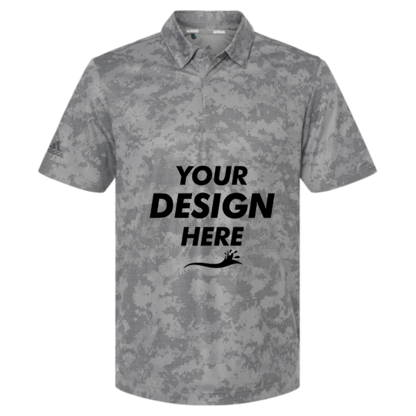 Adidas Men's All Over Camo Print Polo, Grey Three, Front view, Mockup