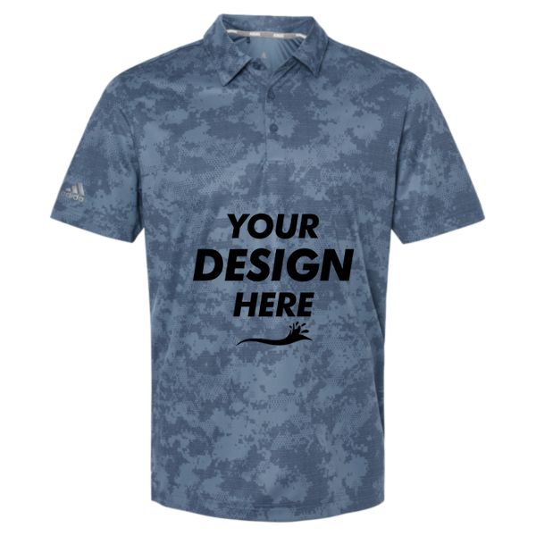 Adidas Men's All Over Camo Print Polo, Tech Ink, Front view, Mockup