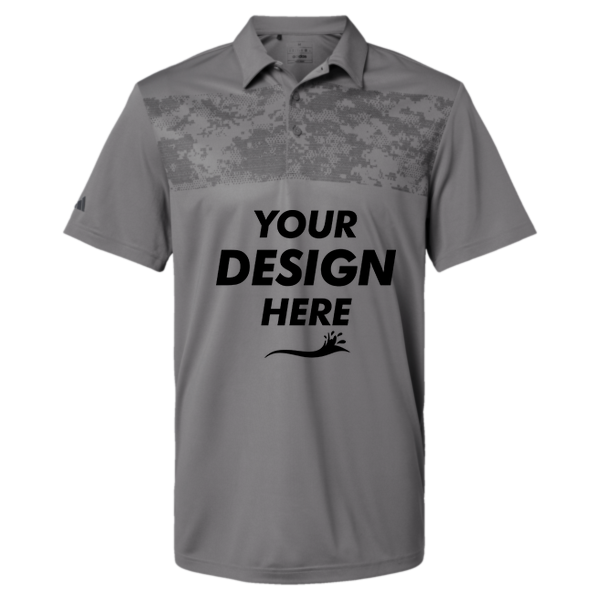 Adidas Men's Camo Chest Print Polo, Grey Three, Front view, Mockup