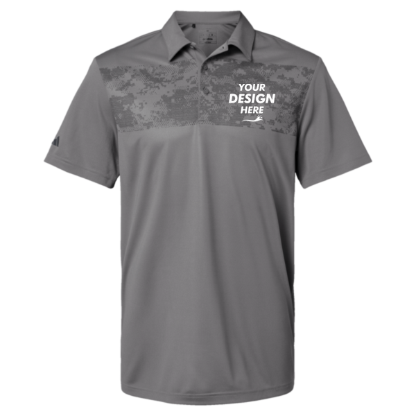 Adidas Men's Camo Chest Print Polo, Grey Three, Front view, Mockup