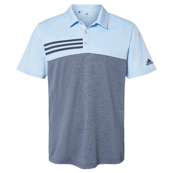 Adidas Men's Heathered Colorblocked 3-Stripes Polo, Glow Blue Heather / Collegiate Navy Heather, Front view