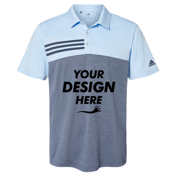 Adidas Men's Heathered Colorblocked 3-Stripes Polo, Glow Blue Heather / Collegiate Navy Heather, Front view, Mockup