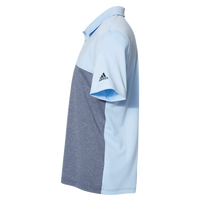 Adidas Men's Heathered Colorblocked 3-Stripes Polo, Glow Blue Heather / Collegiate Navy Heather, Left Sleeve view