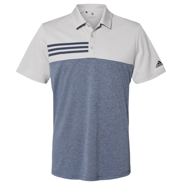 Adidas Men's Heathered Colorblocked 3-Stripes Polo, Grey Two Heather / Collegiate Navy Heather, Front view