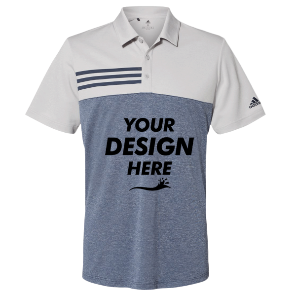 Adidas Men's Heathered Colorblocked 3-Stripes Polo, Grey Two Heather / Collegiate Navy Heather, Front view, Mockup