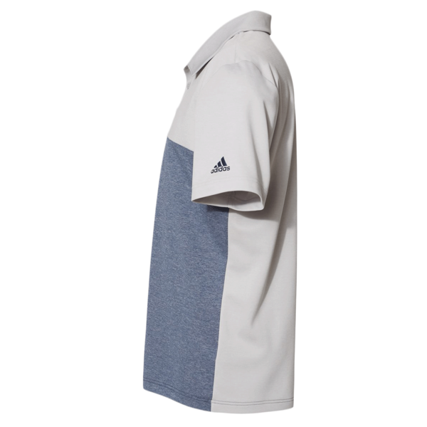 Adidas Men's Heathered Colorblocked 3-Stripes Polo, Grey Two Heather / Collegiate Navy Heather, Left Sleeve view