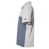 Adidas Men's Heathered Colorblocked 3-Stripes Polo, Grey Two Heather / Collegiate Navy Heather, Left Sleeve view